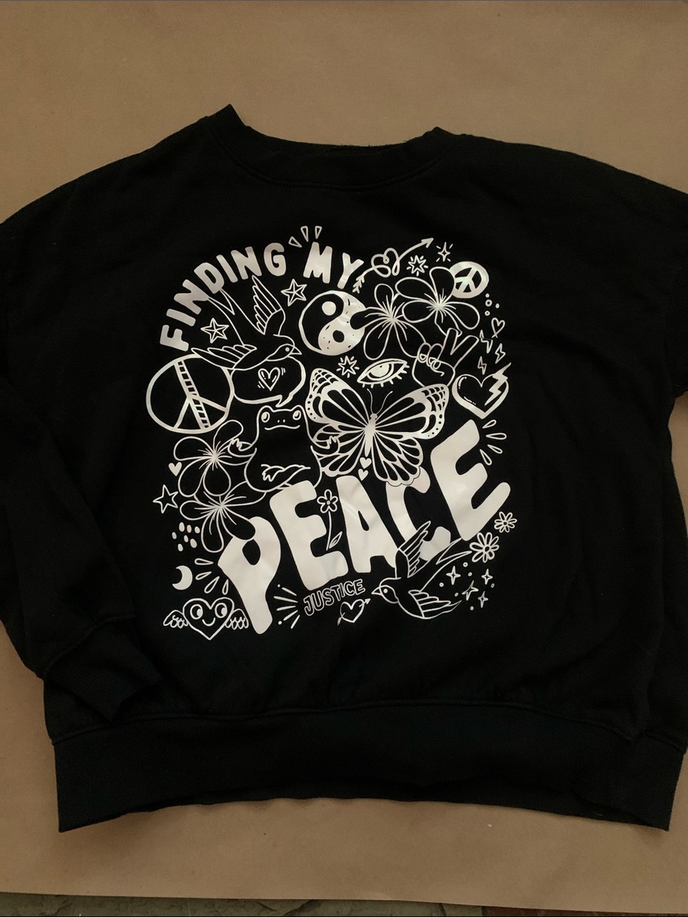 Justice Black Sweatshirt with White Peace Graphic